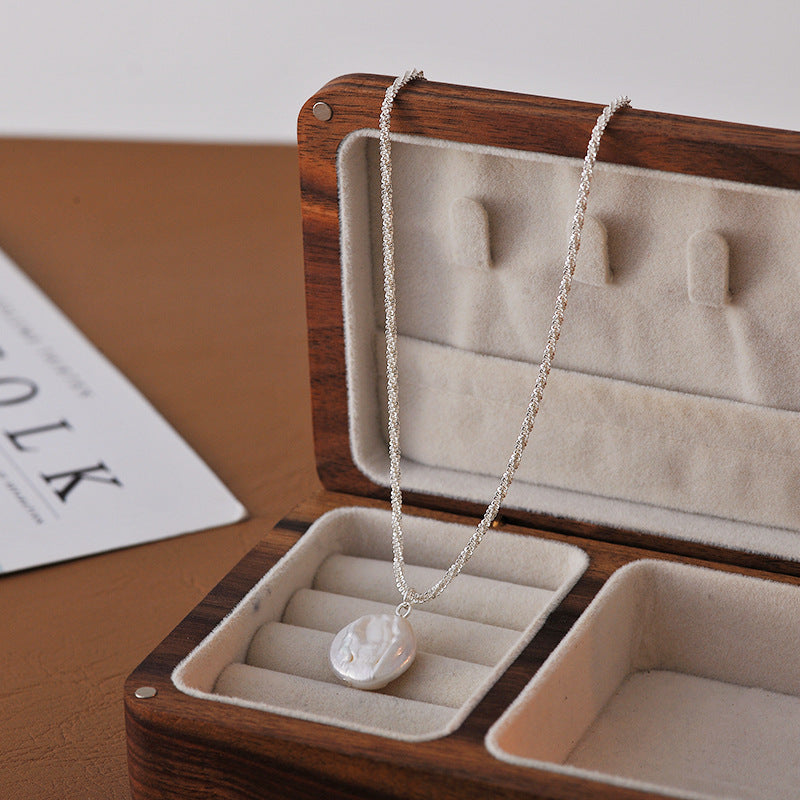 Sparkling Necklace for Women, Shiny Plain Chain, Natural Baroque Pearl Collarbone Chain, Korean Version, Niche Light Luxury Necklace