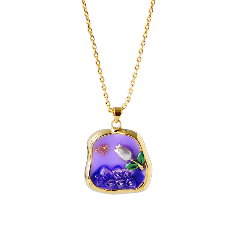 New Chinese Style Monet Garden Rich Purple Oil Painting Necklace Freshwater Pearl Oil Drop Flower Earrings Necklace for Women