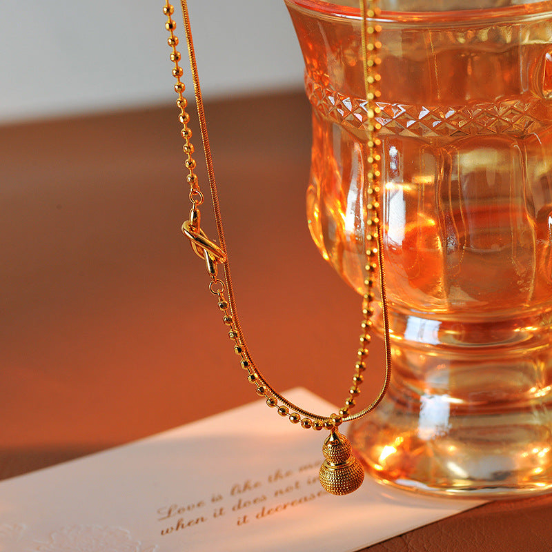 French Style Double Layer Stacked Gold Gourd Necklace Round Bead Chain Simple Elegant High-end Clavicle Chain Neck Chain