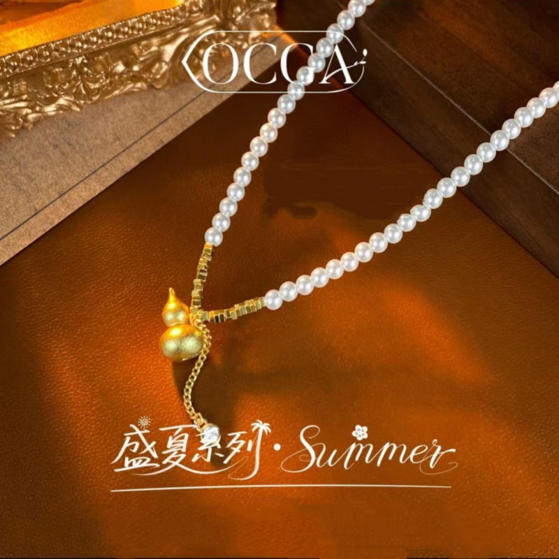 French Retro Style Pearl Gourd Pendant Necklace Bracelet Elegant High-end Beaded Collarbone Chain Choker