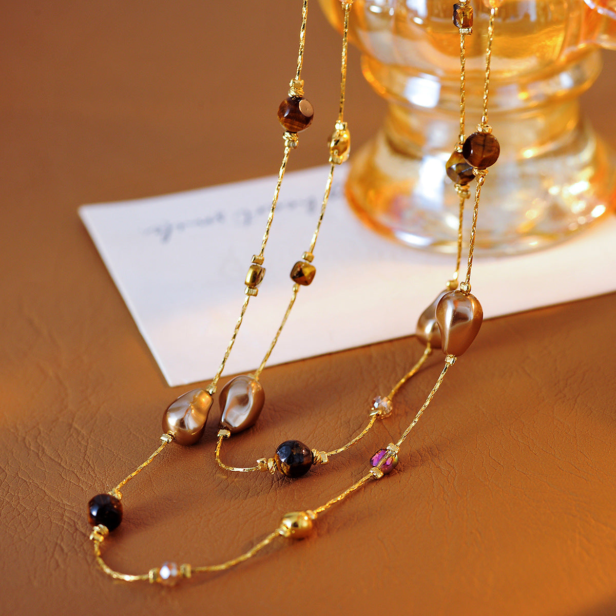 Vintage Melard Long Beaded Tiger Eye Stone Necklace Accessory for Women, Light Luxury, Small Multi-layer Sweater Chain