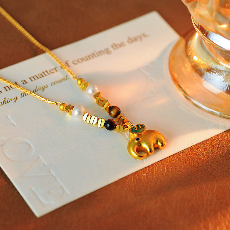 Original Sand Gold Little Elephant Beaded Decorative Necklace Light Luxury Niche High-end Sense Elegant Long High-grade Sweater Chain Accessories