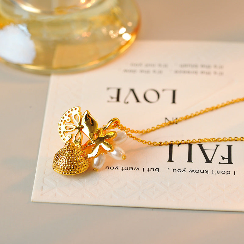 KS Home Lemon Petal Pearl Necklace with Rhinestones and Zircon Inlay Fresh and Elegant Collarbone Chain