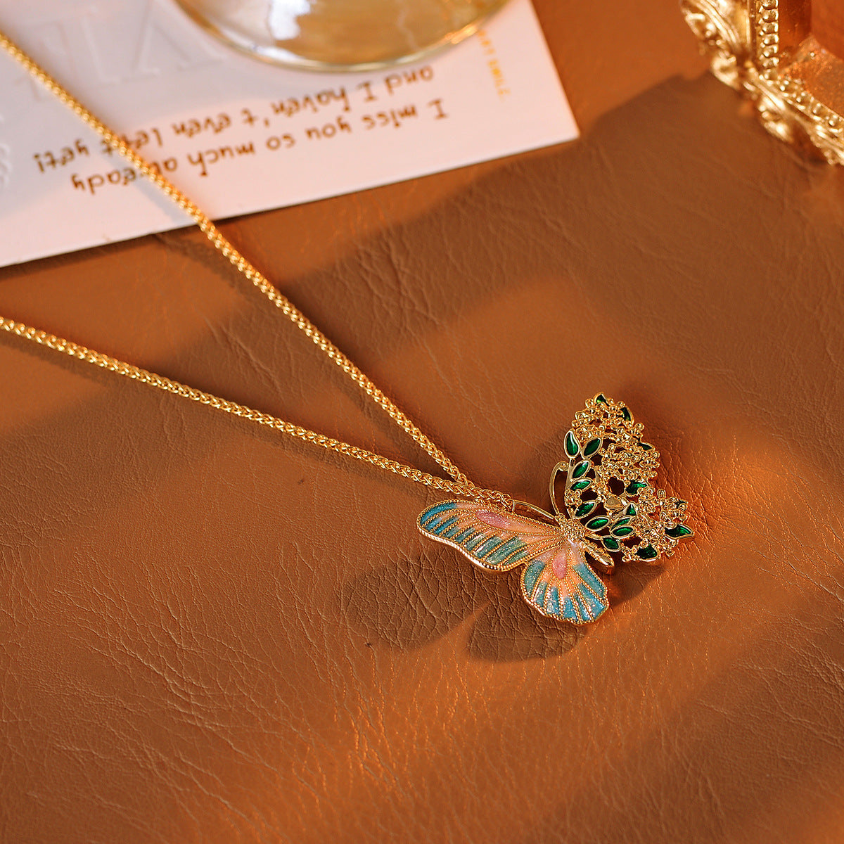 Real Gold Plated Light Luxury Osmanthus Half-Sided Butterfly Pendant New Chinese Style Dreamy Blossom Butterfly Necklace