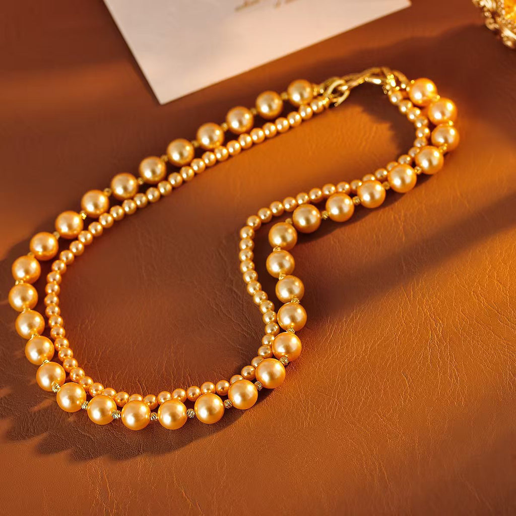 Eight Blessings Double Layer Stacked Pearl Necklace New Accessory Chain Light Luxury High-end Gold Style
