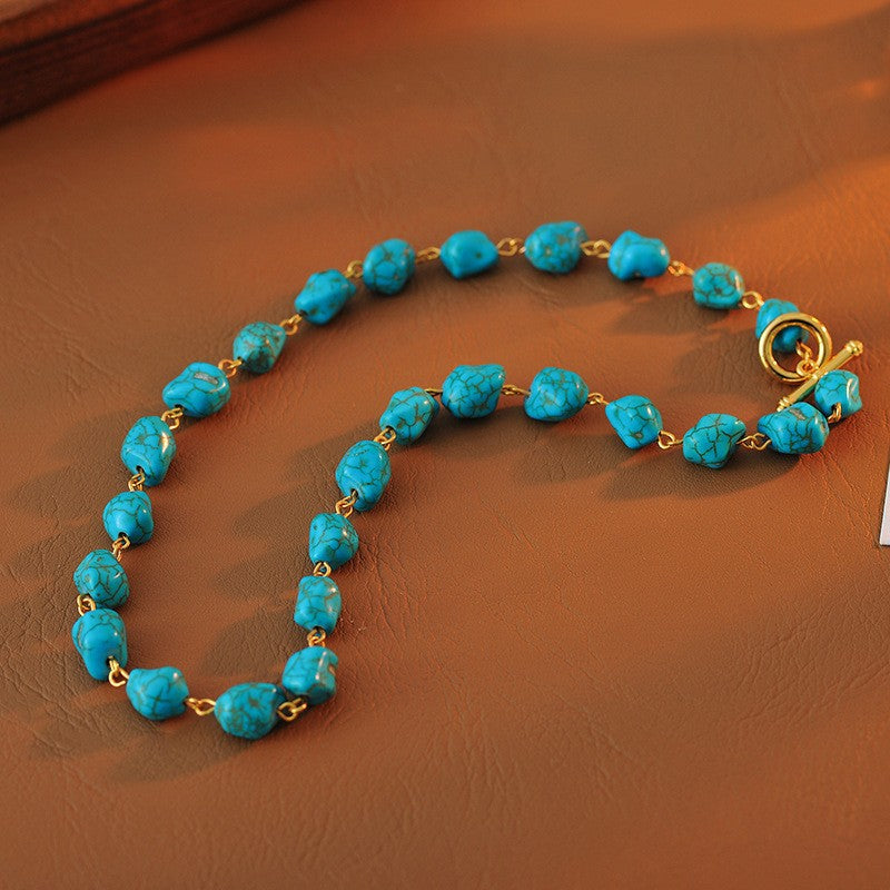 Fashion Retro Irregular Pattern Stone Necklace Fashion Trendy Aquamarine Exquisite Beaded Necklace