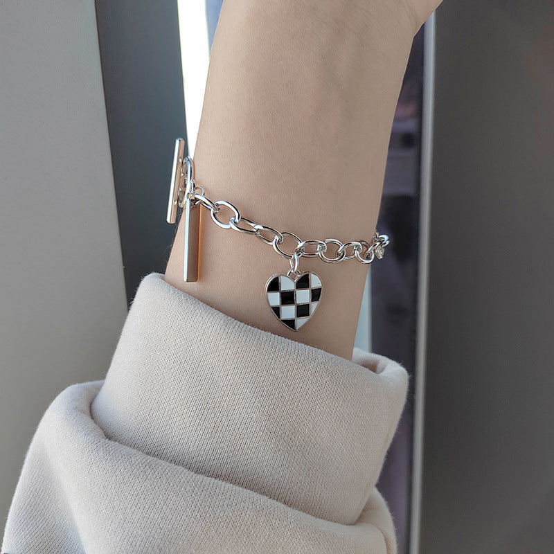 Unique Design Checkerboard Heart Pendant Bracelet for Women Trendy Cool Simple Fashion Bangle Accessories Japanese Korean Style