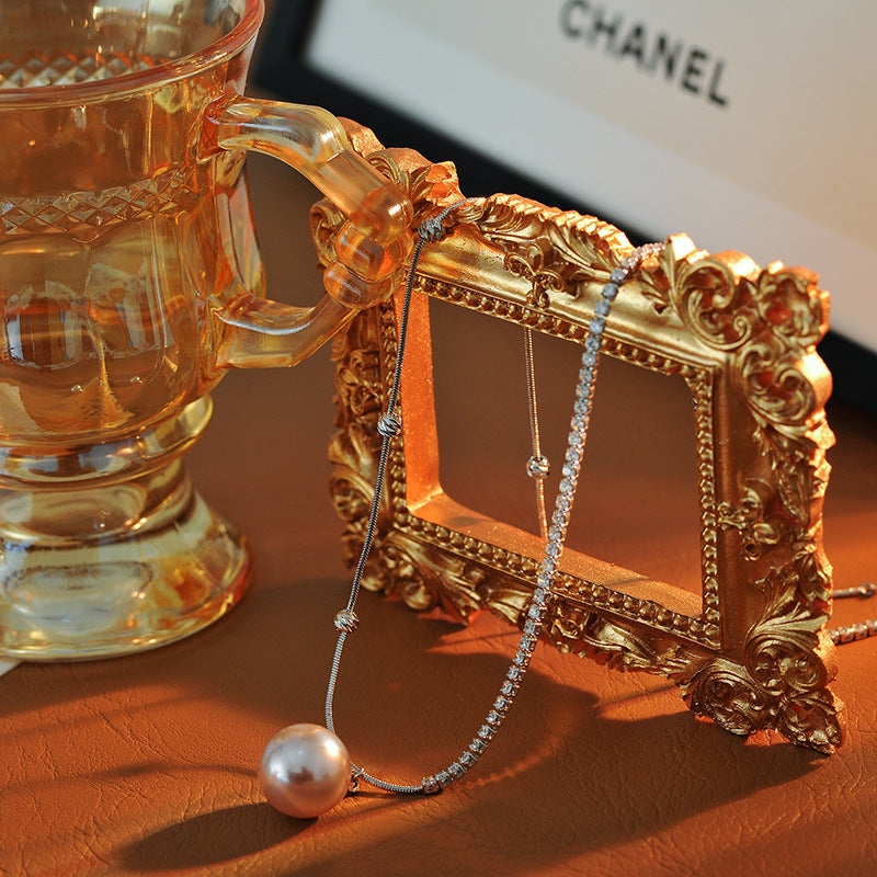 Elegant High-End Korean Dongdaemun Zircon Necklace Pearl Necklace Summer Versatile Elegant Personality Fashion Collarbone Chain