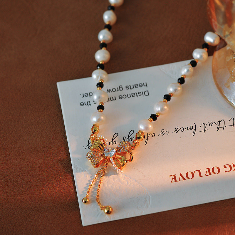 Trendy Bowknot Beaded Necklace for Women, Unique Design, Sweet and Versatile Collarbone Chain, Super Fairy