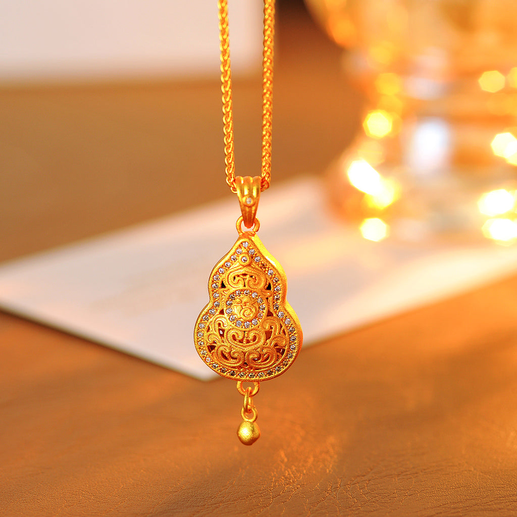 Real Gold Plated Gourd Pendant Necklace New Chinese Style Retro Gold Sweater Chain Jewelry