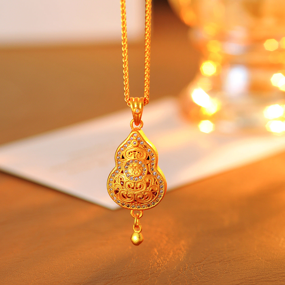 Real Gold Plated Gourd Pendant Necklace New Chinese Style Retro Gold Sweater Chain Jewelry