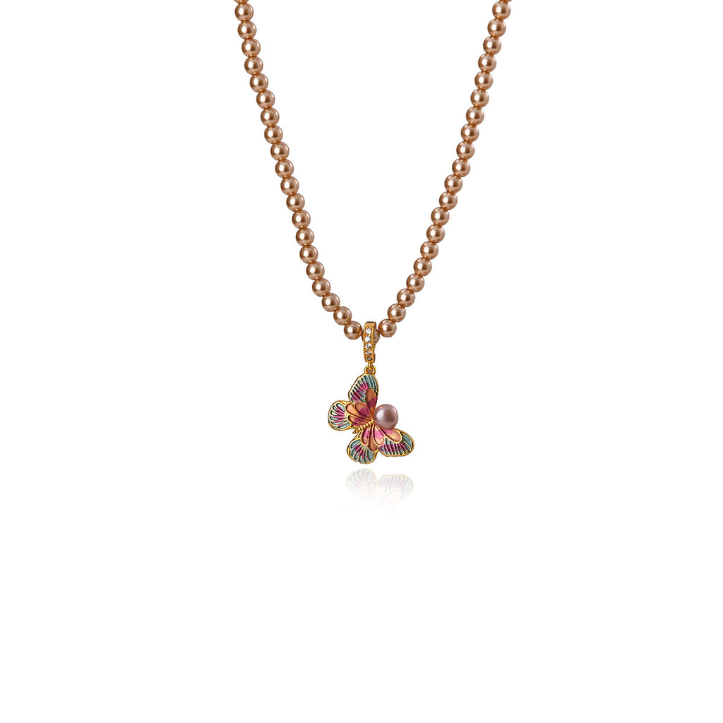 Perfect Round Strong Light Pearl Necklace for Women Fashion High-end Design Enamel Drop Glaze Colorful Butterfly Collarbone Chain