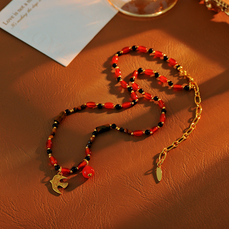 Wu Xin Same Style Red Agate Fire Bird Beaded Necklace for Women Clavicle Chain Dopamine French Retro Niche Design