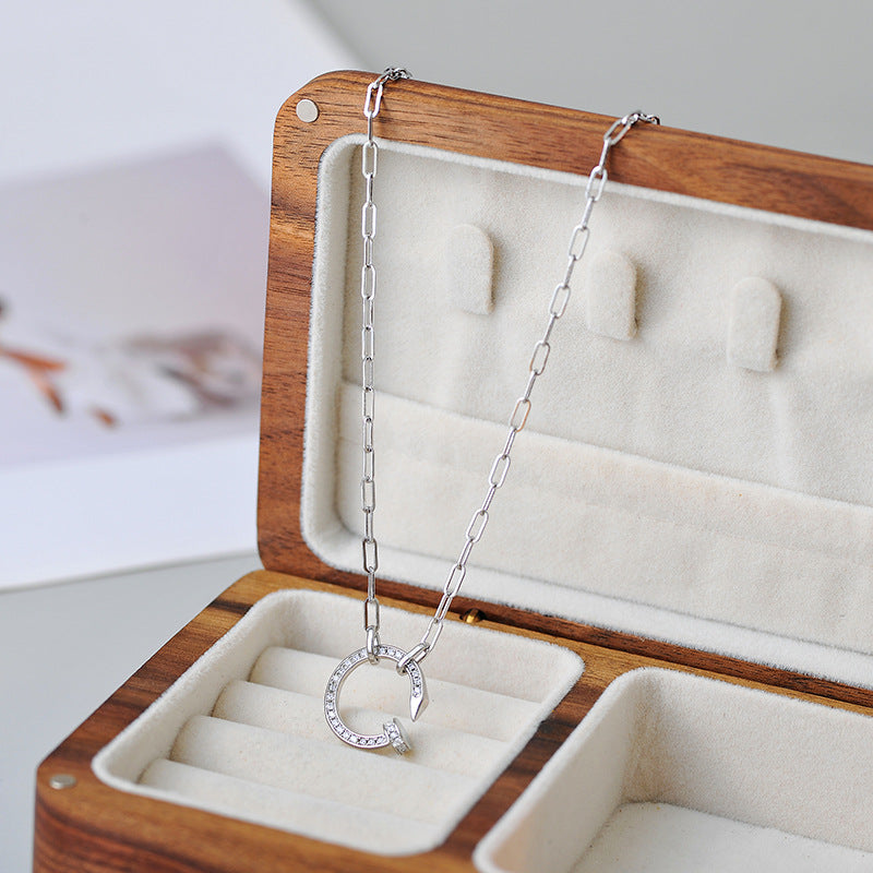 Chunky Nail Necklace for Women Full Diamond Round Ring Clavicle Chain Pure Silver Ins Trendy Men's Elegant Personality Versatile