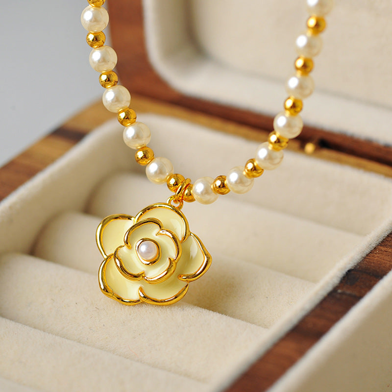 Camellia New Style Spacer Beads Pearl Fashion Exquisite Retro Style Light Luxury High-end Bracelet Necklace Set