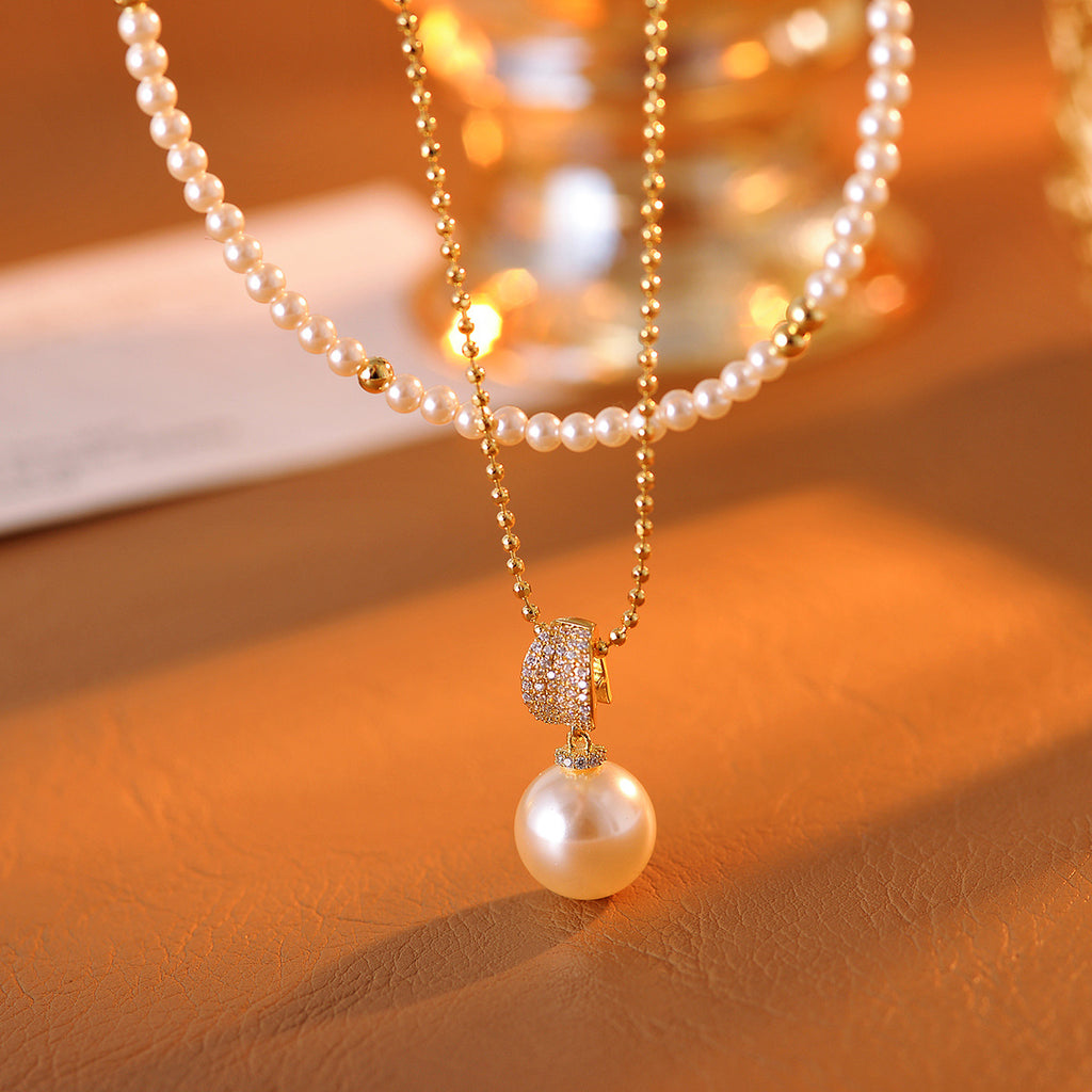 A Two-Way Necklace with Real Gold Plating and Double Layer Pearls, Elegant and Versatile Collarbone Chain