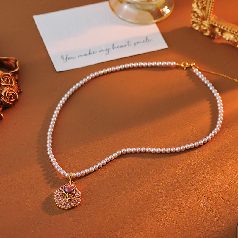 New Pearl Flower Necklace Full Inlaid with Colorful Zircon Purple Flower Necklace Fashionable Elegant High-end Necklace for Women