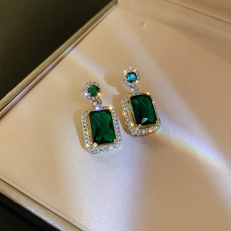 Titanium Steel Jewelry Zircon Emerald Crystal High-end Earrings Necklace Set Vintage Stud Earrings Elegant Collarbone Chain Ring