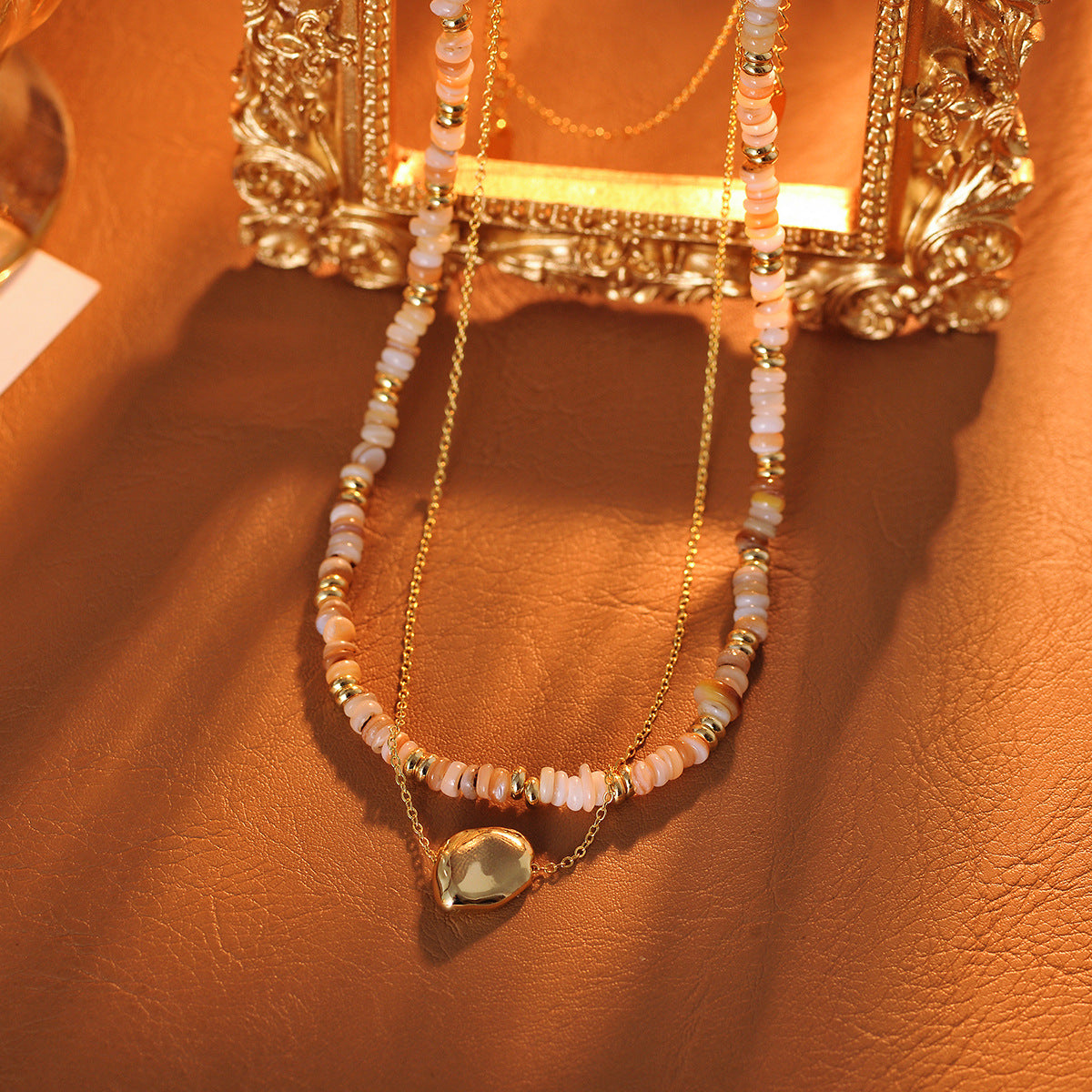 Natural Stone Bead Necklace Double Layer Metal Style Sweet Cool High-end Collarbone Chain 2025 Spring Summer New Model