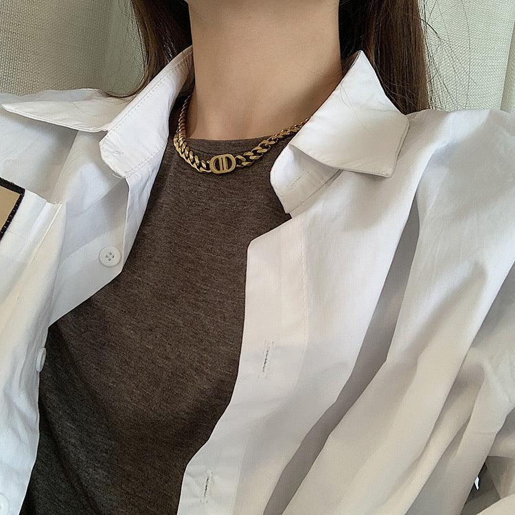 Heavy Industry High-Quality Thick Chain Gold Letter Titanium Steel Necklace for Women European and American Ins Internet Celebrity Hip-Hop Short Clavicle Chain Bracelet