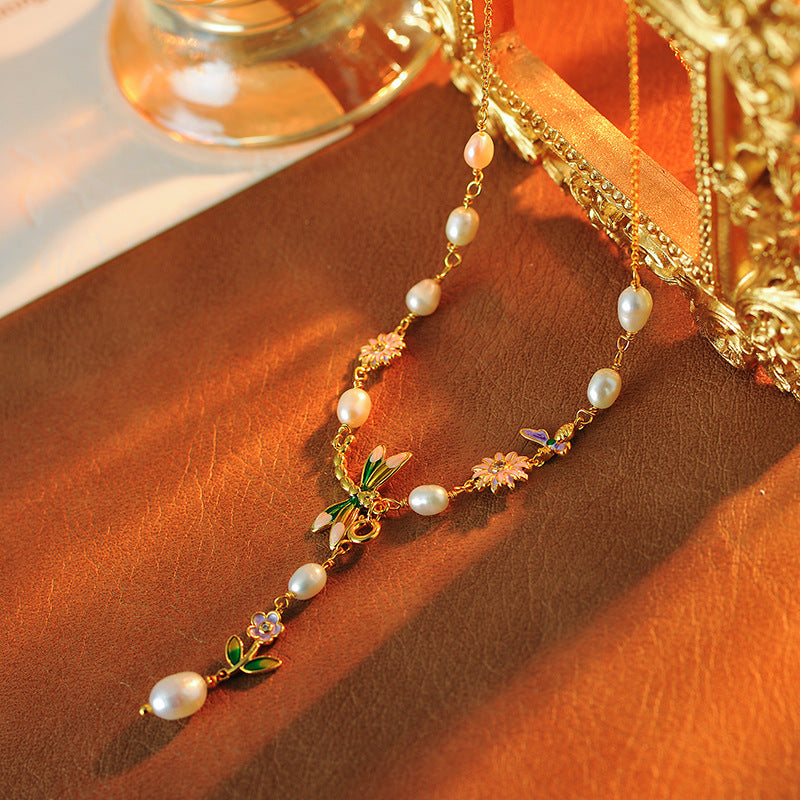 New Chinese Style Natural Pearl Necklace Enamel Painted Dragonfly Flower Artistic National Style Light Luxury Oil Painting Retro Collarbone Chain
