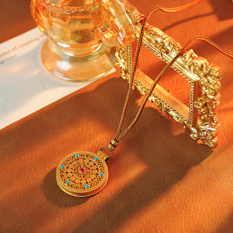 Wei Xue Same Style Enamel Ancient Filigree Ruyi Eight Treasures Compass Pendant Braided Rope Exquisite Niche Necklace for Women