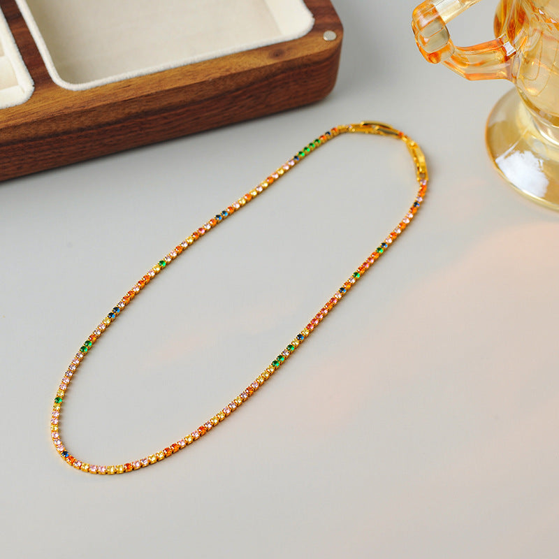 New Korean and Japanese Niche Design Fresh Colorful Zircon Brass Gold-Plated Short Thin Necklace Bracelet Collarbone Chain Set
