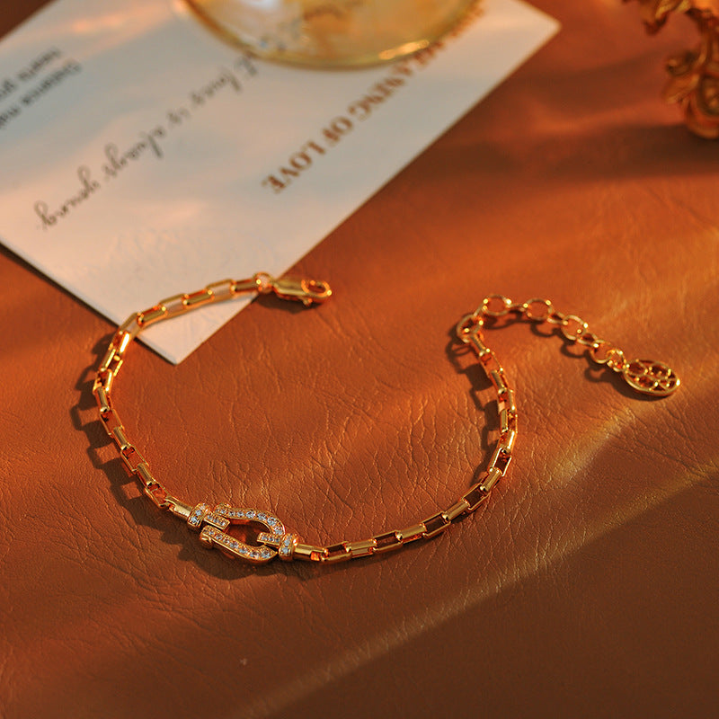 Exquisite Zircon Rose Gold Horseshoe Buckle Bracelet for Women New Hot Style Light Luxury High-end Niche Design Hand Jewelry