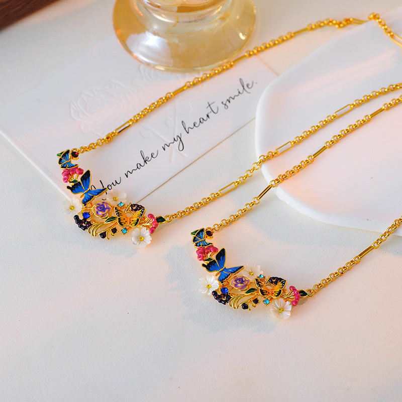 European and American Hand-painted Glaze Color Pastoral Style Brilliant Romantic Butterfly Flower Blossom Niche Necklace for Women