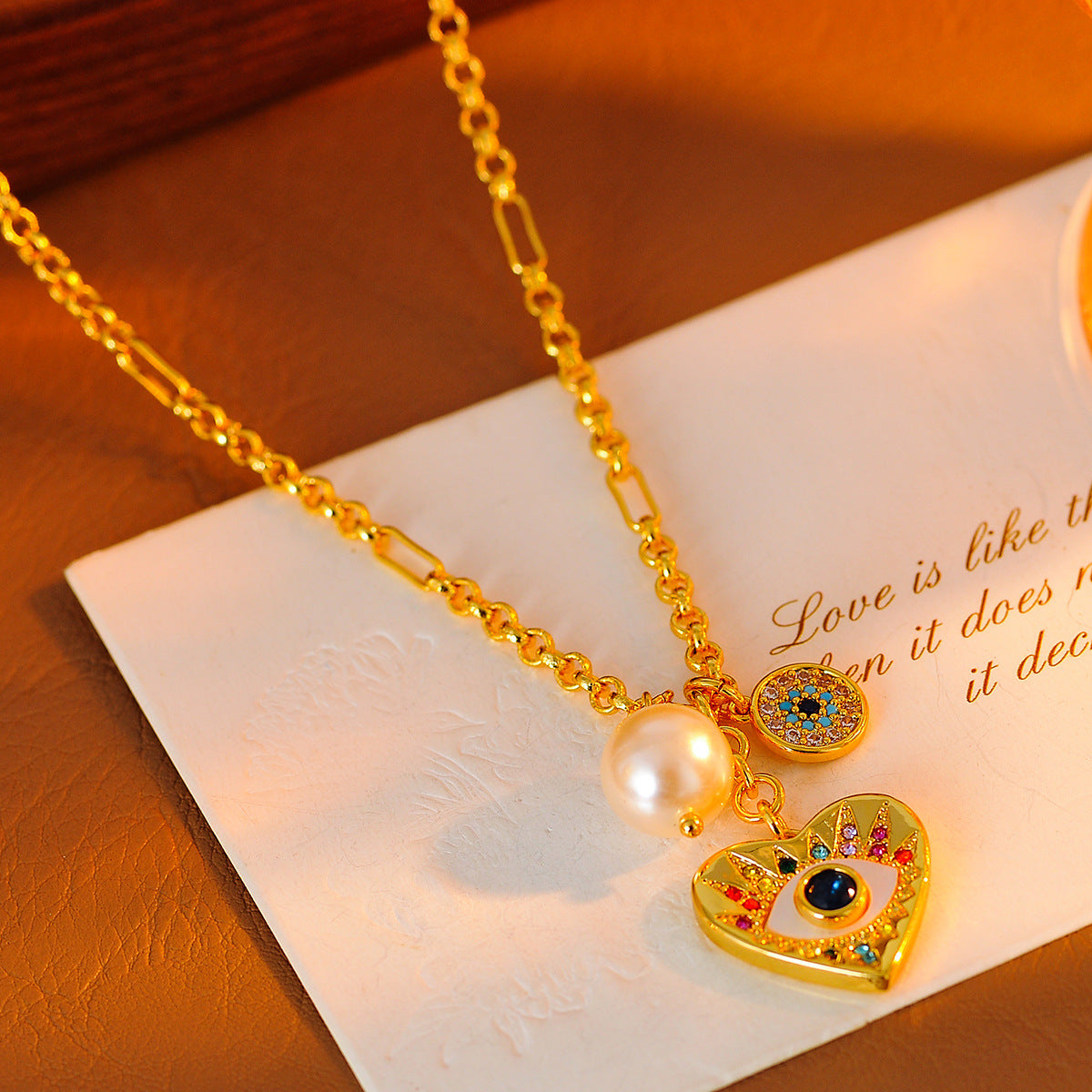 New Colorful Devil's Eye Heart Necklace for Women with Micro Pave Zirconia, Light Luxury High-end Earrings Set