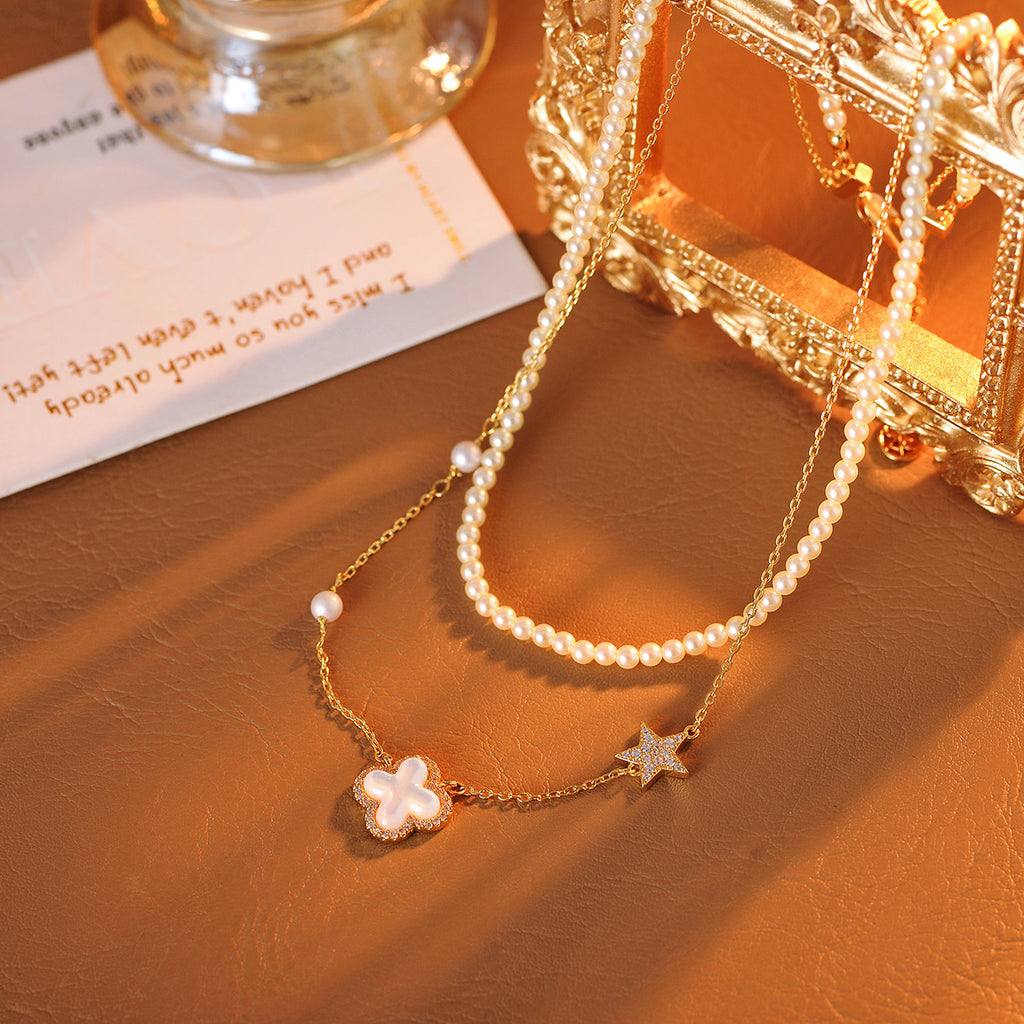 Hot-Selling Light Luxury High-End Double-Layer Stacked Pearl Four-Leaf Clover Mother-of-Pearl Bracelet Necklace Personality Simple