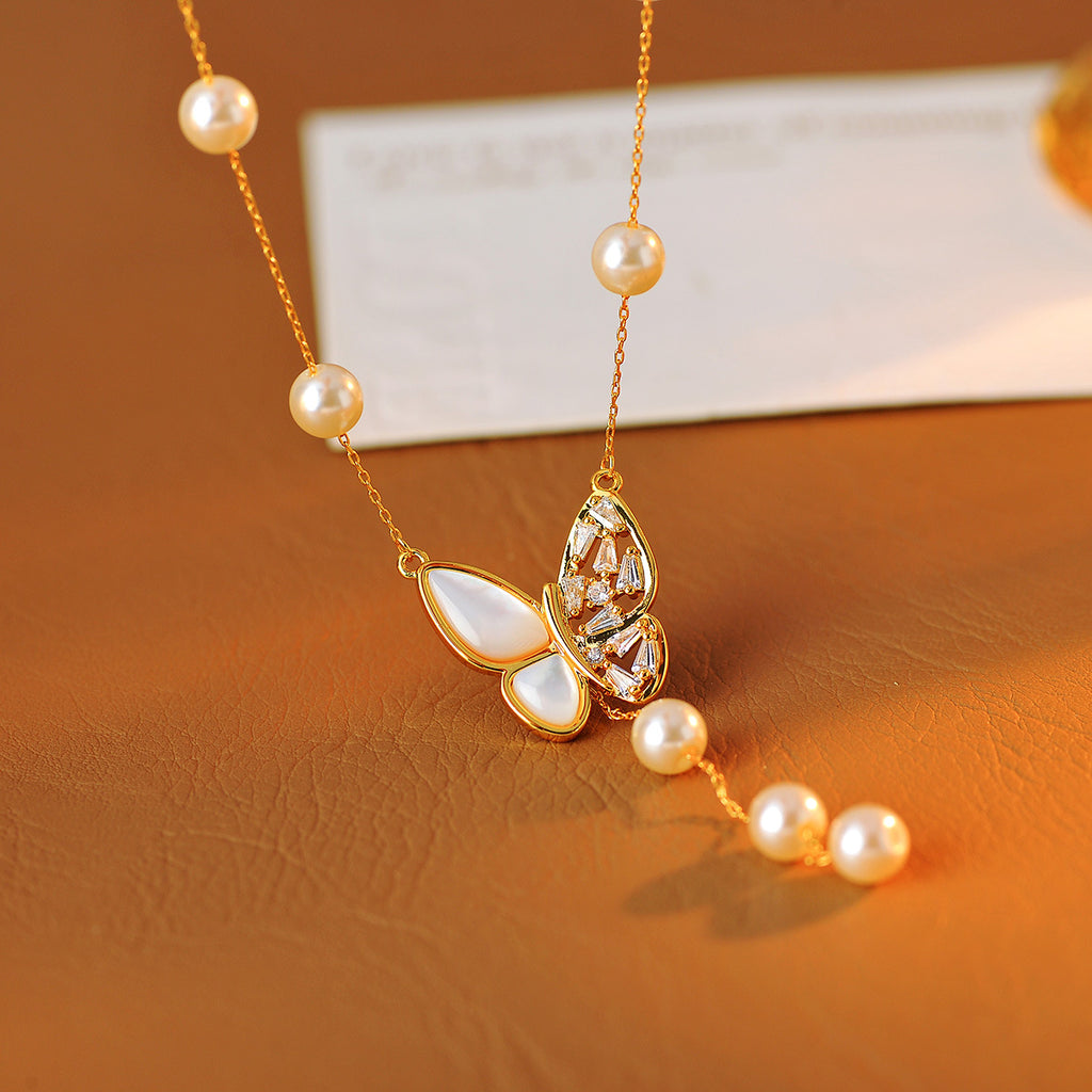 Light Luxury Pearl Mother-of-Pearl Butterfly Necklace Hot-Selling Sweater Accessory High-End Niche Collarbone Chain