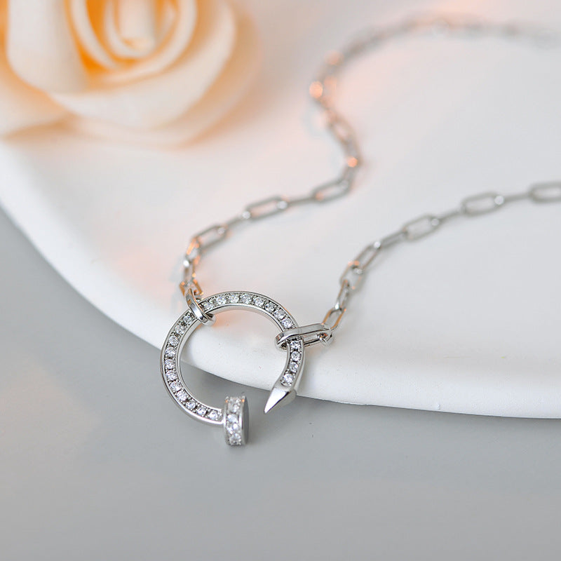 Chunky Nail Necklace for Women Full Diamond Round Ring Clavicle Chain Pure Silver Ins Trendy Men's Elegant Personality Versatile