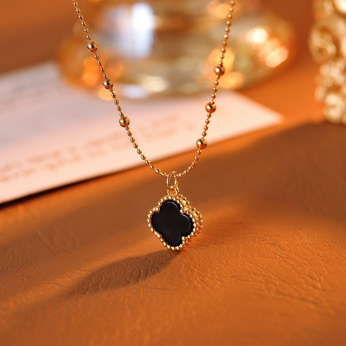 Small Four-Leaf Clover Necklace New Chinese Style Dark Four-Leaf Clover Light Luxury High-End Necklace Niche Design