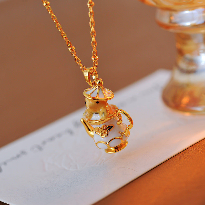 Original Gold-Plated Hand-Painted Enamel Color Glaze Cute Pet Fun Design Cartoon Teapot Chipmunk Necklace for Women