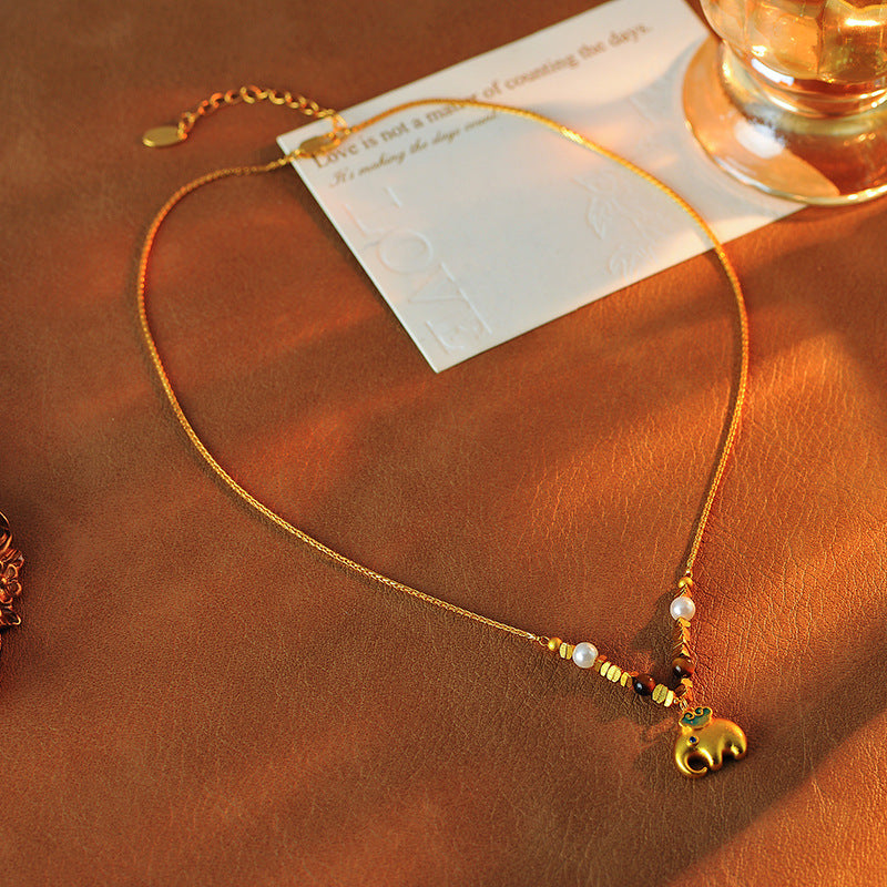 Original Sand Gold Little Elephant Beaded Decorative Necklace Light Luxury Niche High-end Sense Elegant Long High-grade Sweater Chain Accessories