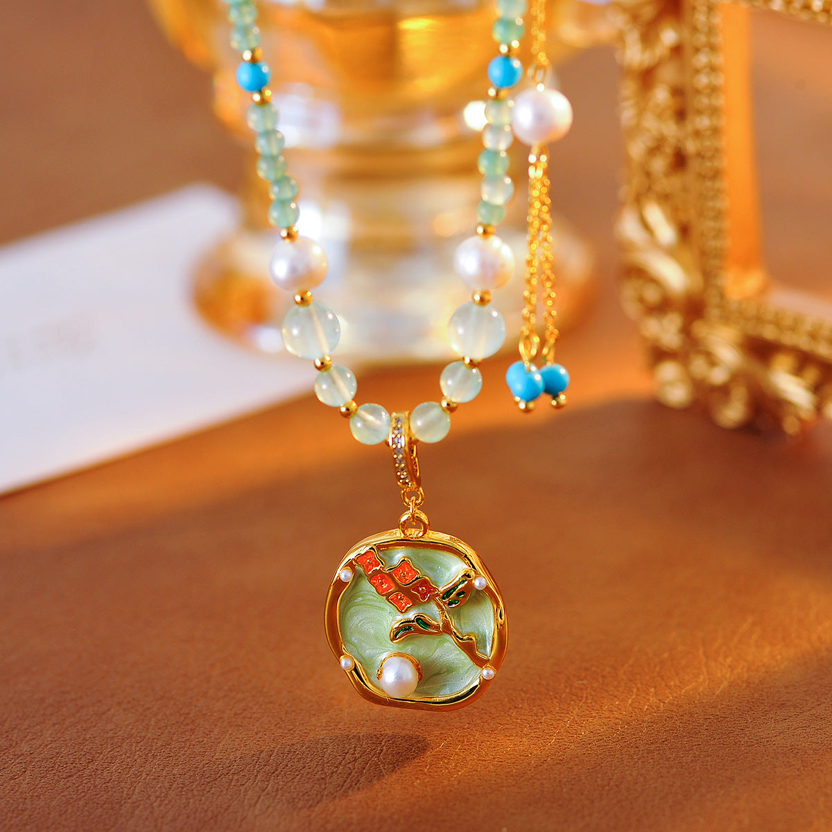 New Chinese Style 2025 Retro Glaze Flower Pearl Pendant Necklace High-End Niche Design Choker