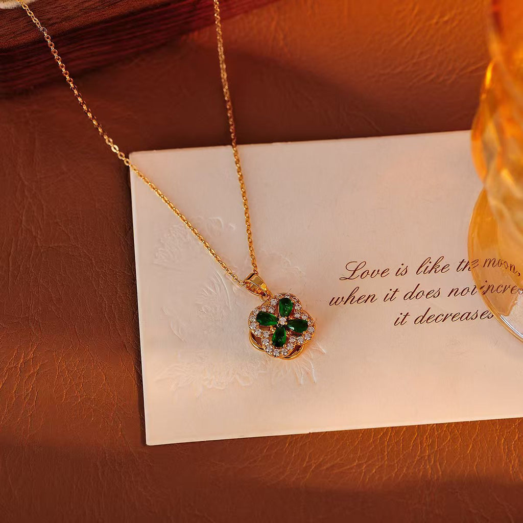 Green Four-Leaf Flower Earrings Necklace Fashionable Versatile 2025 New Earrings Necklace for Women Trendy