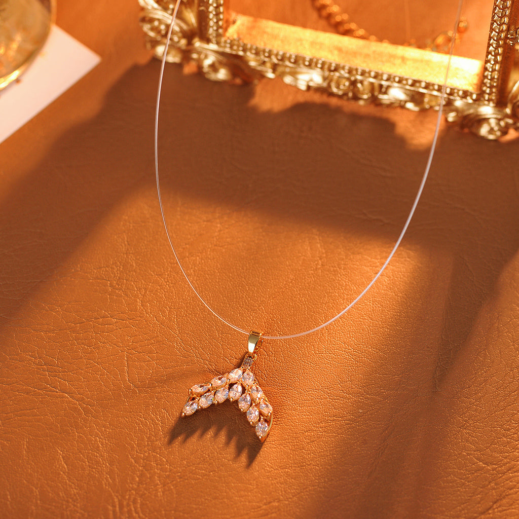 Fishtail Fish Line Necklace Earrings Pink Diamond Fishtail Fashion Necklace Elegant Personality Exquisite Collarbone Chain