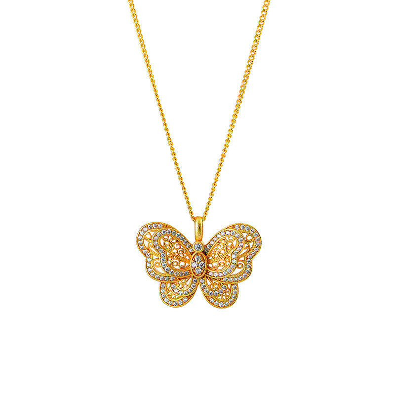 New Chinese Style Gold Full Diamond Vintage Filigree Hollow Butterfly Necklace for Women, Light Luxury High-Value Collarbone Chain