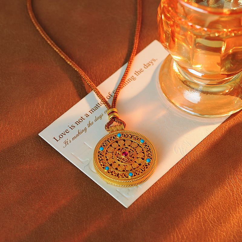 Wei Xue Same Style Enamel Ancient Filigree Ruyi Eight Treasures Compass Pendant Braided Rope Exquisite Niche Necklace for Women