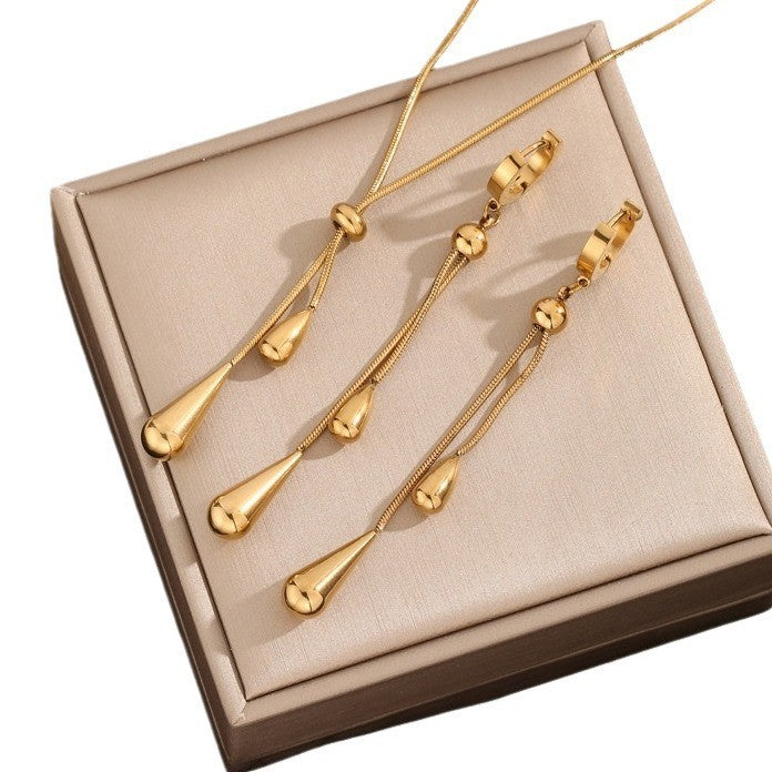 Korean Version New Water Drop Pull-out Earrings Pendant Set Tassel Adjustable Titanium Steel Non-fading Snake Bone Chain Women's Accessories