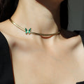 Vintage Style Green Butterfly Choker Necklace Cuban Necklace Collarbone Chain Titanium Steel 18K Gold Plated Non-Fading