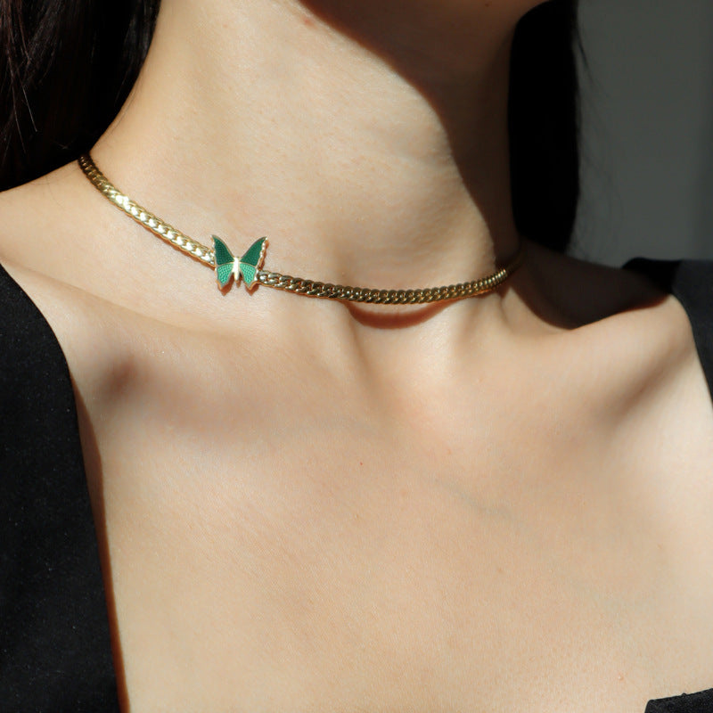 Vintage Style Green Butterfly Choker Necklace Cuban Necklace Collarbone Chain Titanium Steel 18K Gold Plated Non-Fading