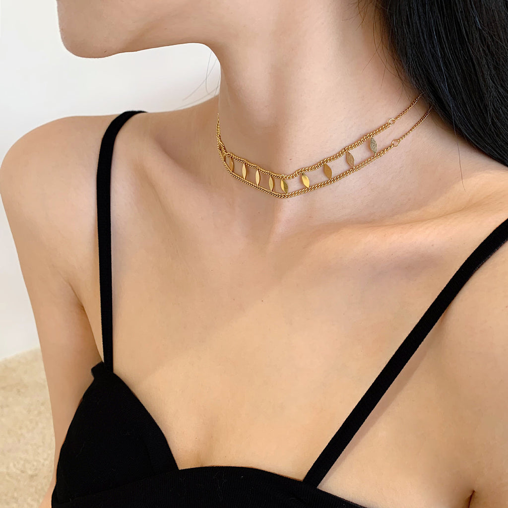 2025 New Double Layer Rhombus Sequin Titanium Steel Necklace Choker for Women Summer Ins Sexy Minimalist Style Collarbone Chain
