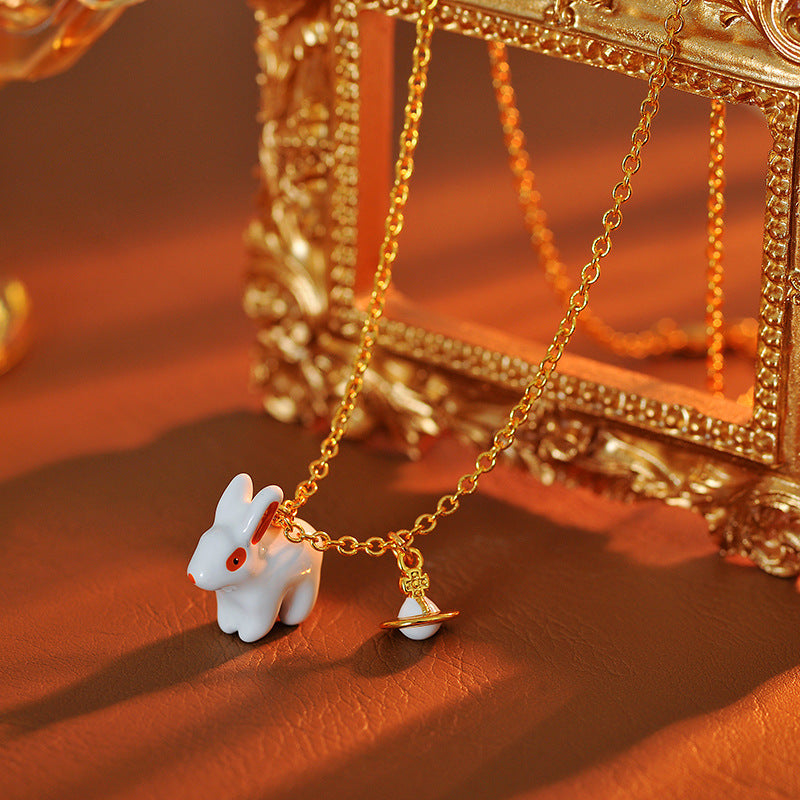 European and American Cute Creative 3D Enamel Glaze Little White Rabbit Planet Bunny Shape Necklace for Women One Piece