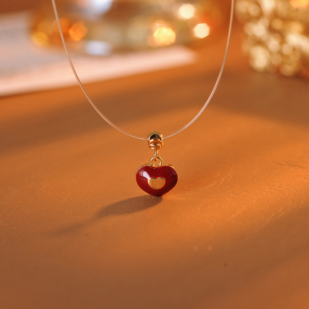 Red Glazed Heart Fishing Line Necklace, Light Luxury Elegant Versatile Fashion Jewelry