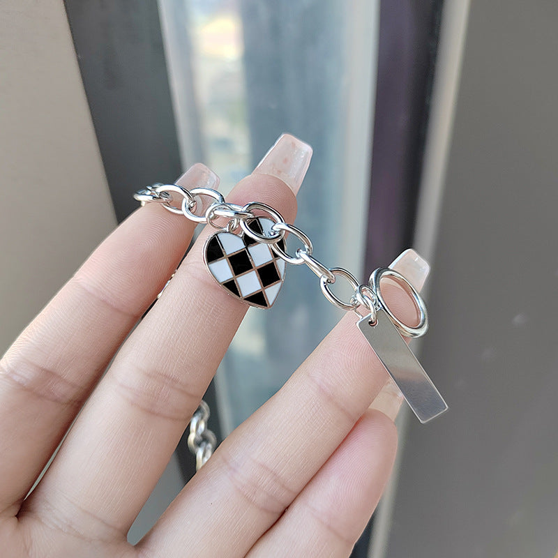 Unique Design Checkerboard Heart Pendant Bracelet for Women Trendy Cool Simple Fashion Bangle Accessories Japanese Korean Style