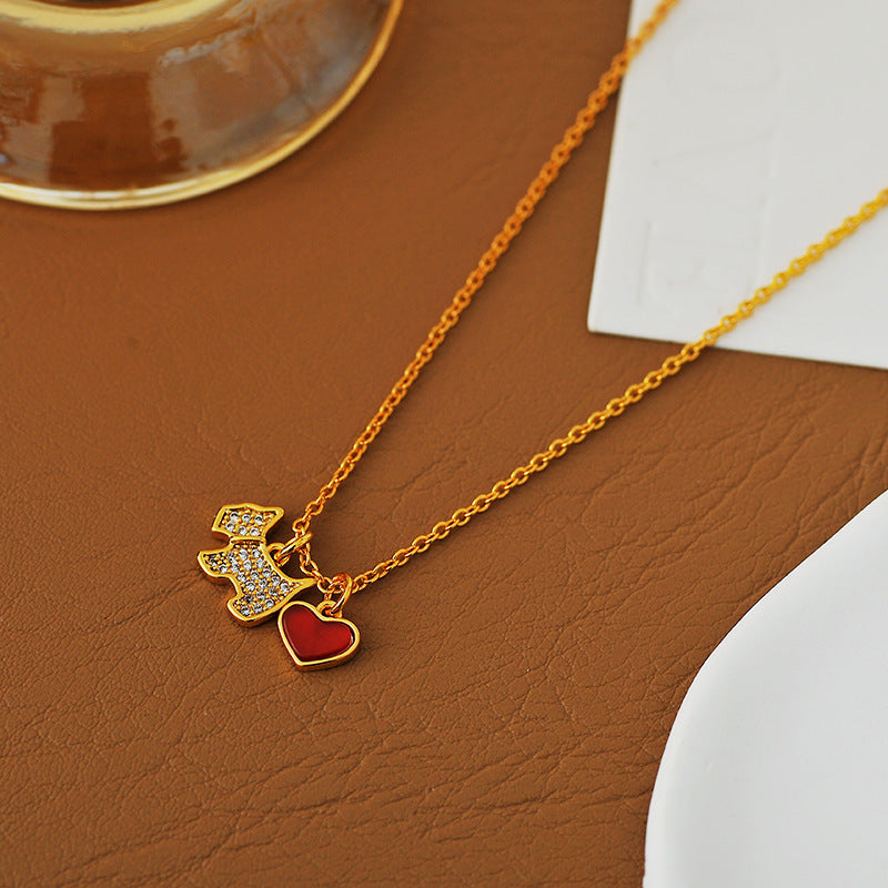 Heart Shell Full Diamond Puppy Necklace for Women, Korean and Japanese Style, Simple Red and White Heart Pendant, Clavicle Chain, Fashionable and Elegant