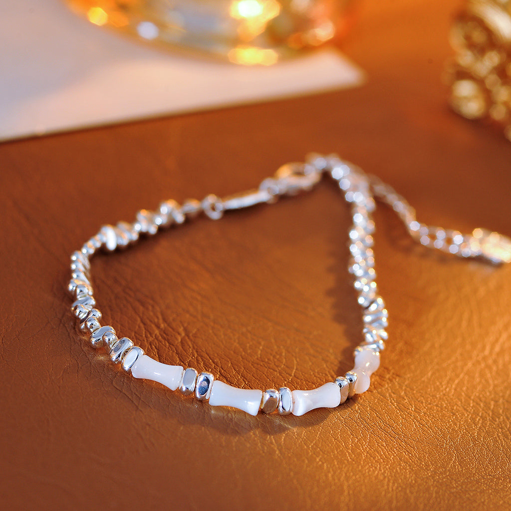 Bamboo Knot Silver Fragment Bracelet for Women New Chinese Style Versatile Retro Design Mother-of-Pearl Beaded Necklace